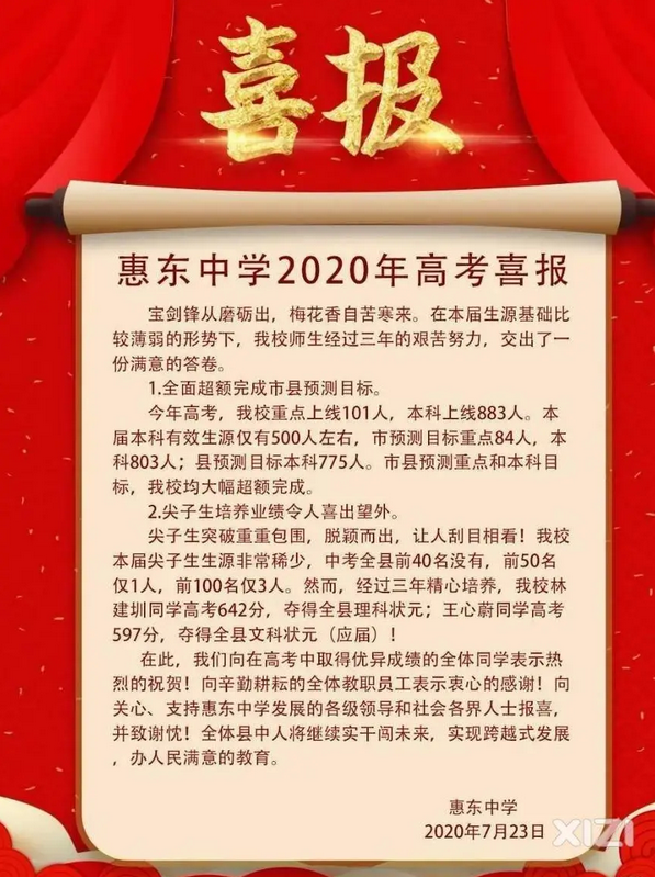 2024年惠州高考状元名单是谁,惠州高考最高分多少分